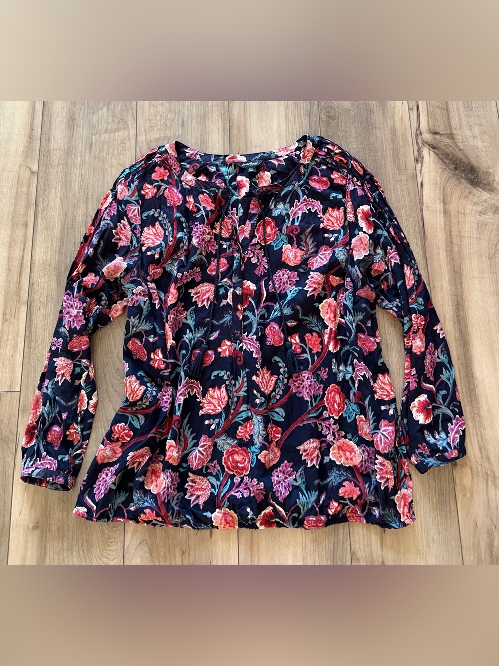 Lucky Brand boho top, floral peasant blouse, tassel tie neck shirt, Sz XXL